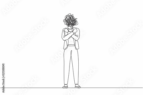 Continuous one line drawing businesswoman with round scribbles instead of head. Female manager with fists clenched and arms crossed, feeling happy and positive. Single line draw design vector graphic
