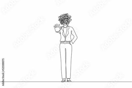 Single continuous line drawing businesswoman with round scribbles instead of head. Angry business woman or strict boss standing, rejecting something with stop hand gesture. One line draw design vector