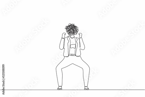 Single one line drawing businesswoman with round scribbles instead of head. Angry woman raised fist gesture. Expresses negative emotions, feelings, desperately. Continuous line design graphic vector