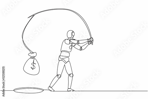 Continuous one line drawing robot holding fishing rod got big money bag from hole. Humanoid robot cybernetic organism. Future robotics development. Single line draw design vector graphic illustration