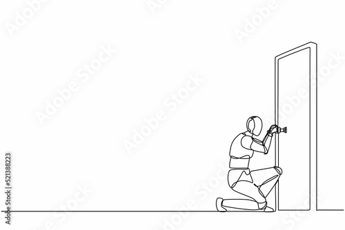 Single continuous line drawing robots prying doorknob with screwdriver. Modern robotics artificial intelligence technology. Electronic technology industry. One line graphic design vector illustration