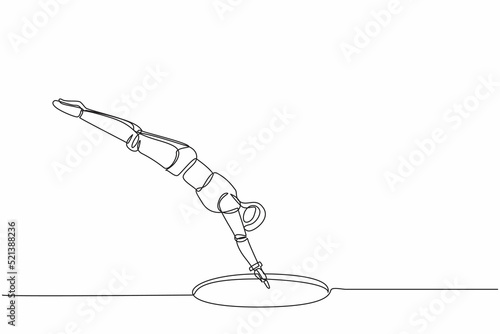 Single one line drawing robot jump into hole. Future technology development. Artificial intelligence and machine learning processes. Modern continuous line draw design graphic vector illustration