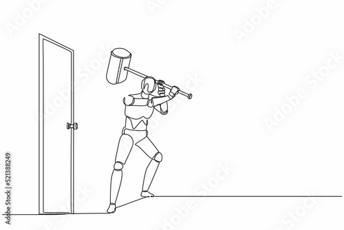 Single continuous line drawing robot holding large hammer to destroying door. Future technology development. Artificial intelligence and machine learning process. One line draw graphic design vector