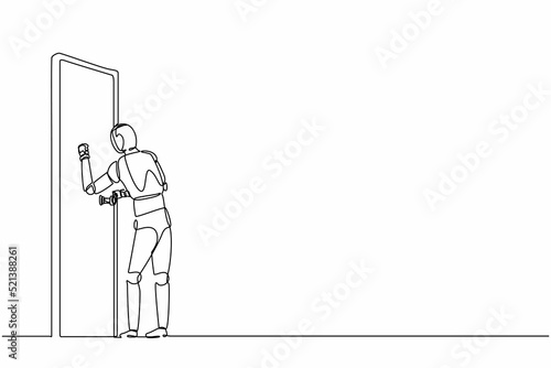 Continuous one line drawing robots standing in front of room and knocking door. Humanoid robot cybernetic organism. Future robotics development concept. Single line design vector graphic illustration