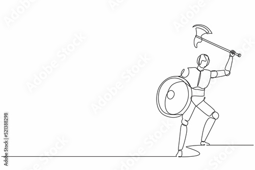 Single continuous line drawing robot with axe and shield furiously attacks. Modern robotics artificial intelligence technology. Electronic technology industry. One line draw design vector illustration