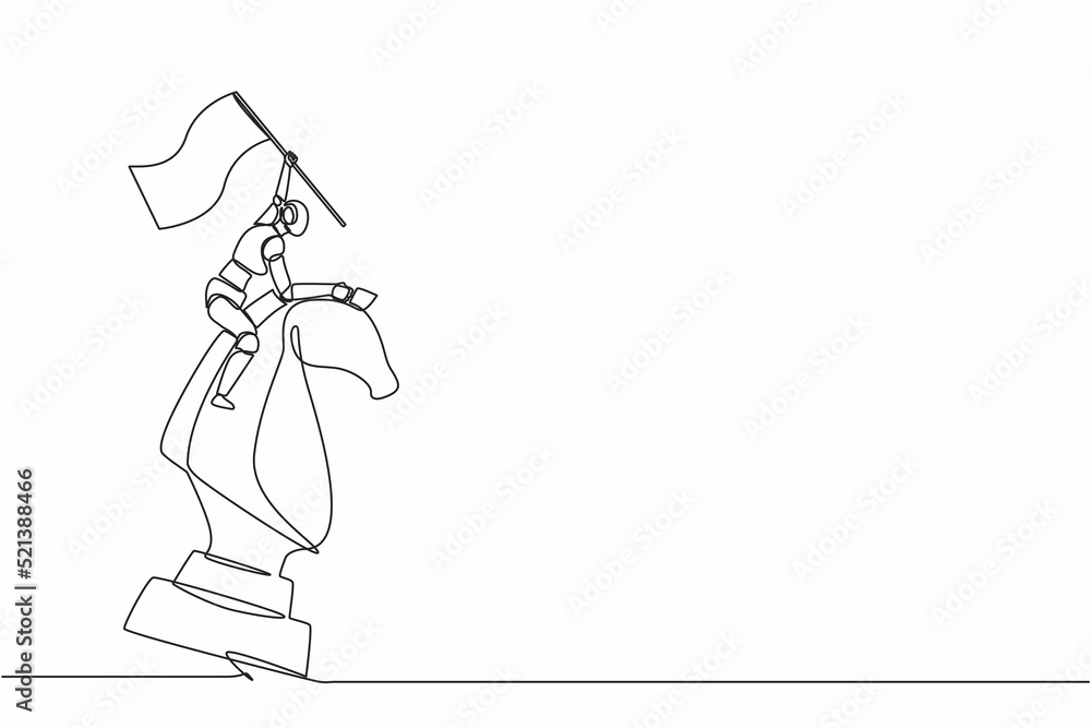 Single one line drawing robot standing on top of big horse knight chess and waving flag. Future technology. Artificial intelligence machine learning process. Continuous line draw design vector graphic