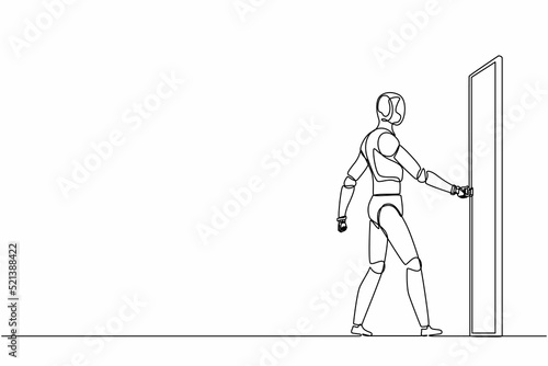 Single continuous line drawing robots holding door knob and enter work space. Modern robotics artificial intelligence technology. Electronic technology industry. One line draw graphic design vector