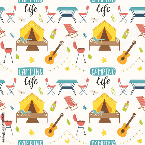 Camping seamless pattern. Travel equipment and gear. Hand drawn flat elements and lettering, glamping tent, guitar. Backdrop for website, banner, textile, packaging design.Vector illustration on white