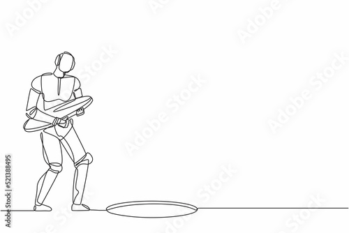 Single one line drawing robot holding iron hole cover. Future technology development. Artificial intelligence and machine learning processes. Continuous line draw design graphic vector illustration
