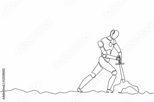 Single one line drawing robot tries to draw stuck excalibur sword from stone. Future technology. Artificial intelligence machine learning process. Continuous line design graphic vector illustration