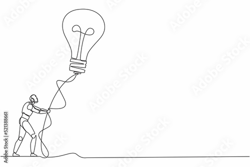 Single continuous line drawing robot holding flying lightbulb balloon with rope. Modern robotics artificial intelligence technology. Electronic technology industry. One line draw graphic design vector