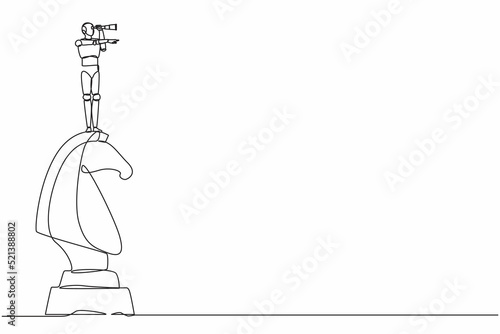 Single continuous line drawing robots on top of big horse chess piece using binocular. Modern robotics artificial intelligence technology. Electronic industry. One line draw graphic design vector