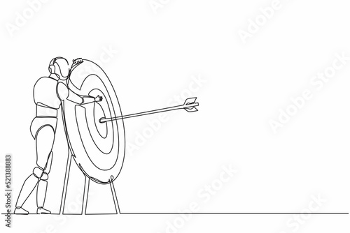 Single continuous line drawing robots hugging huge target with arrow on target. Modern robotics artificial intelligence technology. Electronic technology industry. One line draw graphic design vector
