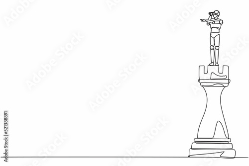 Single one line drawing robot on top of big rook chess piece using monocular. Future technology development. Artificial intelligence and machine learning process. Continuous line design graphic vector