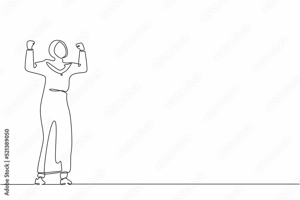 Single continuous line drawing happy Arab businesswoman standing with raised her clenched hands. Female manager celebrating success of increasing company product sales. One line graphic design vector
