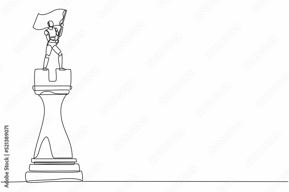 Single one line drawing robot standing on top of big rook chess and waving flag. Future technology development. Artificial intelligence machine learning process. Continuous line design graphic vector Single one line drawing robot standing on top of big rook chess and waving flag. Future technology development. Artificial intelligence machine learning process. Continuous line design graphic vector