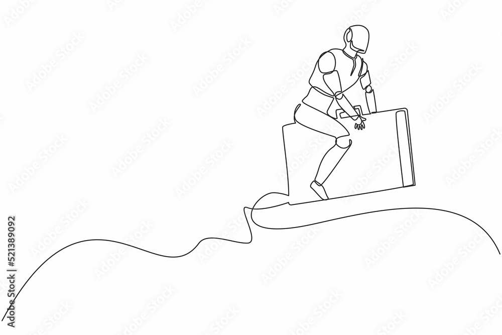 Single continuous line drawing robot riding and flying with briefcase rockets. Humanoid robot cybernetic organism. Future robotics development concept. One line draw graphic design vector illustration