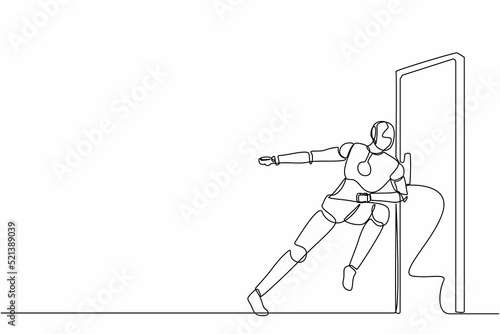 Single continuous line drawing robots running wants to break down the door. Modern robotics artificial intelligence technology. Electronic technology industry. One line draw design vector illustration