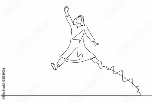 Continuous one line drawing happy Arab businessman jumping with spreads both legs and raises one hand. Salesman celebrates salary increase from company. Single line design vector graphic illustration