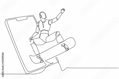 Continuous one line drawing robot come out from cellular phone and jump with skateboard. Humanoid robot cybernetic organism. Future robotics development concept. Single line draw design vector graphic