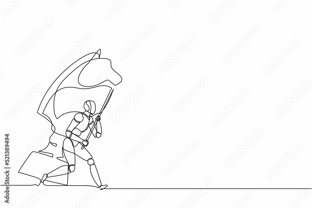Continuous one line drawing robots running and holding flag beside big ...