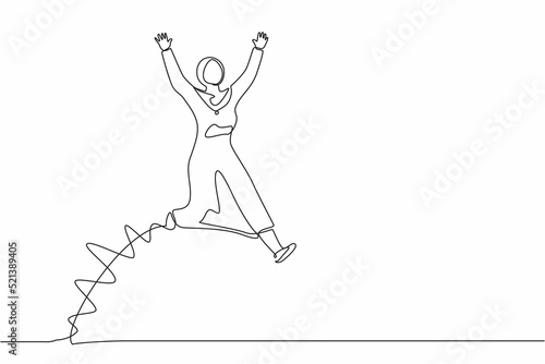 Single continuous line drawing happy Arab businesswoman jump with both hands raised. Saleswoman celebrates salary increase and benefits from company. One line draw graphic design vector illustration