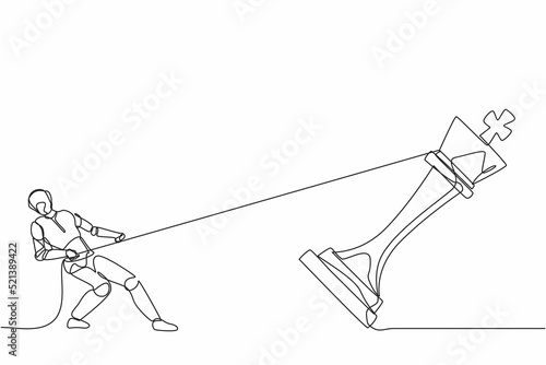 Continuous one line drawing robots standing and pulling big king chess with rope. Humanoid robot cybernetic organism. Future robotics development. Single line draw design vector graphic illustration