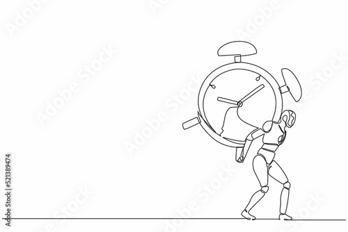 Continuous one line drawing robots standing and carry heavy huge alarm clock. Humanoid robot cybernetic organism. Future robotics development concept. Single line design vector graphic illustration