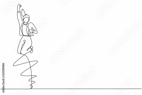 Single continuous line drawing happy businesswoman jump with folds one leg and raises one hand. Female manager celebrating success of increasing company product sales. One line graphic design vector