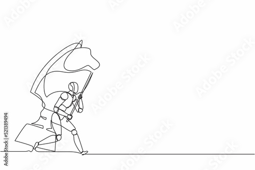 Continuous one line drawing robots running and holding flag beside big horse knight chess. Humanoid robot cybernetic organism. Future robotics development concept. Single line design vector graphic