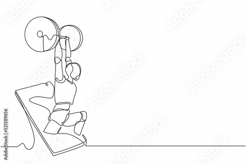 Continuous one line drawing robots come out from cellular phone with weightlifter pose. Humanoid robot cybernetic organism. Future robotics development concept. Single line draw design vector graphic