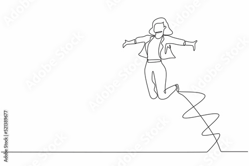 Single one line drawing happy businesswoman jump with raised his legs and spread his arms. Female manager celebrating success of increasing company's product sales. Continuous line draw design vector