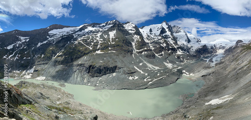 Mountain lake with glaciers partially covered with snow