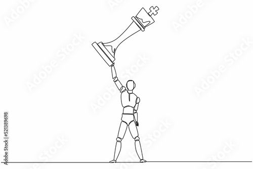 Continuous one line drawing robot standing and lifting up king chess piece. Humanoid robot cybernetic organism. Future robotics development concept. Single line draw design vector graphic illustration
