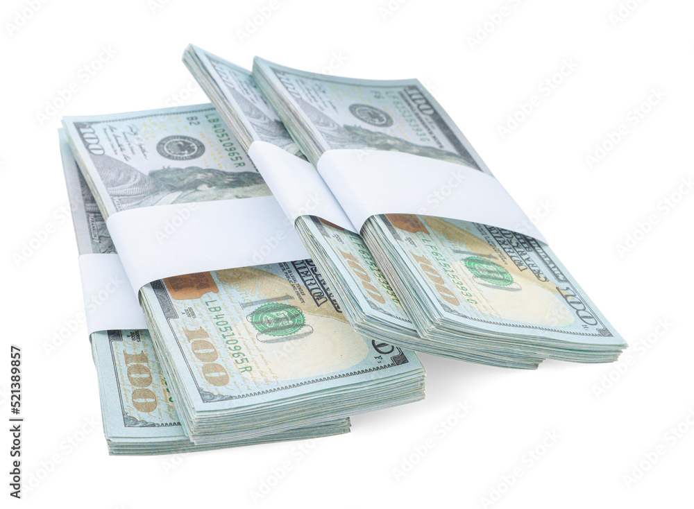 Bundles of dollar banknotes isolated on white. American national currency Bundles of dollar banknotes isolated on white. American national currency