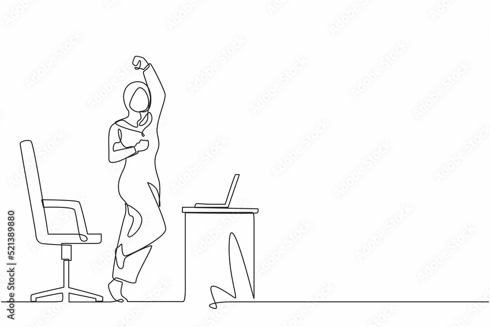 Single one line drawing happy Arabian businesswoman jumping and dancing on her workplace. Female manager celebrating success of increasing company product sales. Continuous line design graphic vector