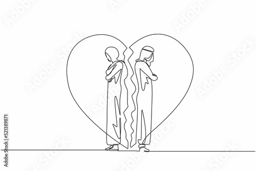 Continuous one line drawing unhappy Arab couple standing arms crossed. Family conflict. Break up relationship. Married couple man woman angry, sad against broken heart. Single line draw design vector
