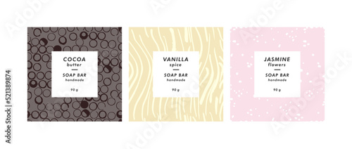 Vector set seamless patterns for cosmetics with template design labels. Abstract contemporary backgrounds for handmade soap.
