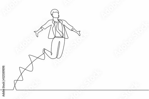 Single one line drawing happy businessman jump with raised his legs and spread his arms. Male manager celebrating success of increasing company's product sales. Continuous line design graphic vector