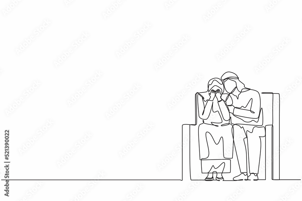 Single continuous line drawing caring Arab man sitting on sofa, hugging shoulder of depressed woman and trying to help or support her. Support, mental depression. One line draw graphic design vector