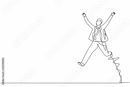 Single continuous line drawing happy businessman jump with both hands raised. Salesman celebrates salary increase and benefits from company. Dynamic one line draw graphic design vector illustration