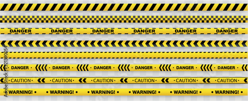 Black and yellow line striped background. Yellow black arrow line. Caution tape. Police tape set. Stripe line background. Warn Caution symbol. Vector illustration © vectorsanta