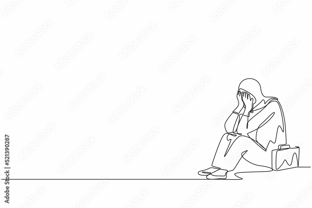 Single continuous line drawing Arab businesswoman feeling sad and depression sitting on the floor. Office worker feeling blue, stress, sad. Depression for young people. One line graphic design vector