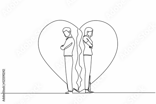 Continuous one line drawing unhappy young couple standing arms crossed. Family conflict. Break up relationship. Married couple man woman angry, sad against broken heart. Single line draw design vector