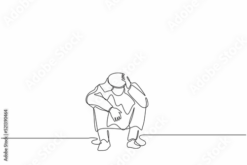 Single continuous line drawing Arab businessman feeling sad  depression  holding head  and sitting on floor. Frustrated worker mental health problems. One line draw graphic design vector illustration