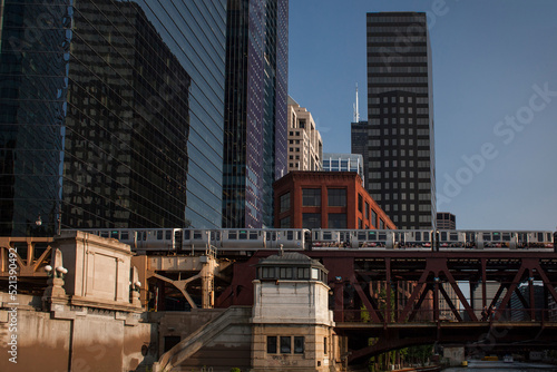 Lake Street Bridge with the Loop elevated rail by some of the Chicago skyscrapers 