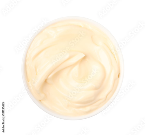 Tasty mayonnaise in bowl isolated on white, top view