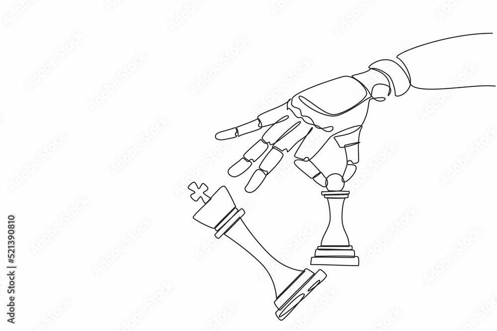 Continuous one line drawing robot hand holding chess pawn to take down chess king. Checkmate. Humanoid robot cybernetic organism. Future robotics development concept. Single line design vector graphic Continuous one line drawing robot hand holding chess pawn to take down chess king. Checkmate. Humanoid robot cybernetic organism. Future robotics development concept. Single line design vector graphic