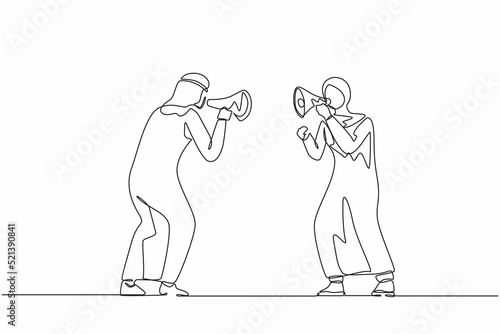 Continuous one line drawing Arab man and woman hold loudspeakers scream at each other engaged in family fight. Stubborn angry husband and wife yell shout in megaphones. Single line draw design vector