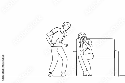 Single continuous line drawing man abusing woman. Young couple quarrel, guy screaming and girl crying sitting on sofa. Family violence. Emotional person arguing. One line draw graphic design vector